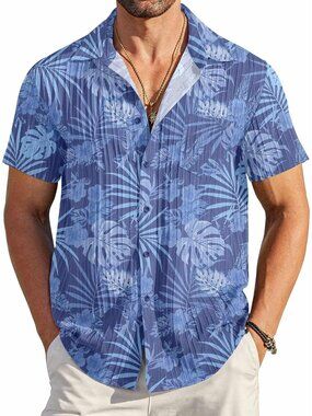 Men's Gray Blue Short Sleeve Textured Summer Collared Casual Button Down Shirts